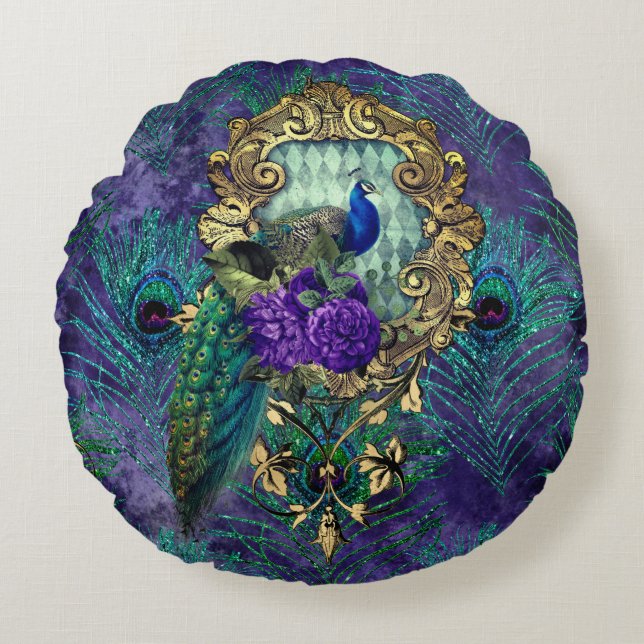 Coussins Ronds Peacock floral victorieux plumes élégant (Devant)