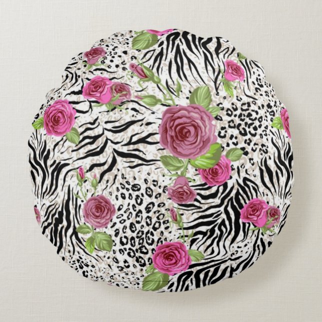 Coussins Ronds Peau Animal Impression Et Rose (Devant)