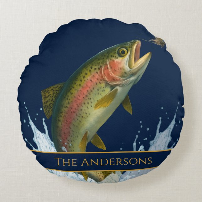 Coussins Ronds Pêche à la mouche aquarelle truite poisson marine  (Devant)