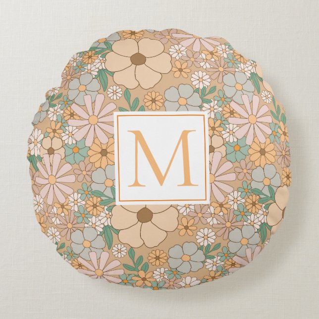 Coussins Ronds Pêche Orange Floral | Personnaliser le monogramme (Devant)