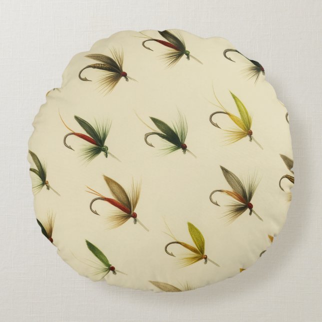 Coussins Ronds Pêcheurs Voler Pêche truite mouches Aquarelle lanc (Devant)