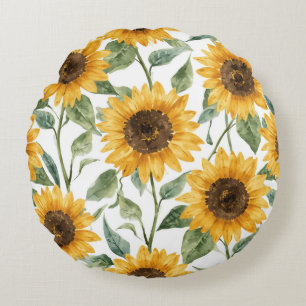 Coussins Ronds Peinture aquarelle florale jaune Tournesols