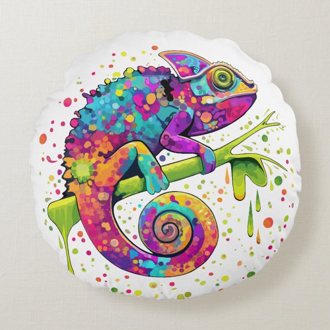 Coussins Ronds Peinture Chameleon Taches Aquarelle Style Jeter Pi (Devant)