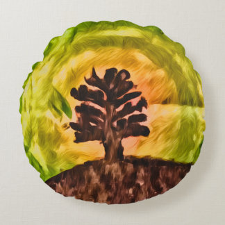 Coussins Ronds Peinture d'arbre au coucher du soleil à l'aquarell