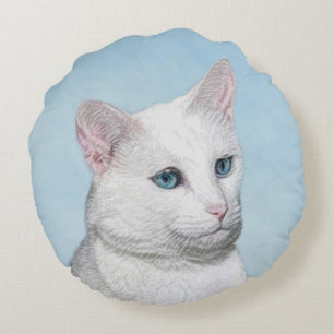 Coussins Ronds Peinture de chat blanc - Cute Original Cat Art