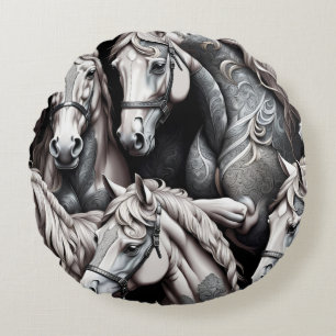 Coussins Ronds Peinture détaillée de chevaux en noir et blanc Art