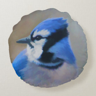 Coussins Ronds Peinture Jay Bleu - Art Oiseau Original