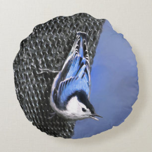 Coussins Ronds Peinture Nuthatch à poitrine blanche Art original