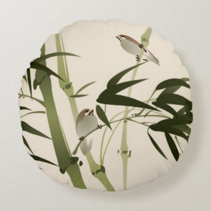 Coussins Ronds Peinture orientale de style, branches en bambou