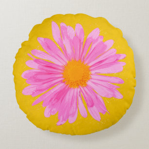 Coussins Ronds Peinture rose de fleur sur un arrière - plan jaune