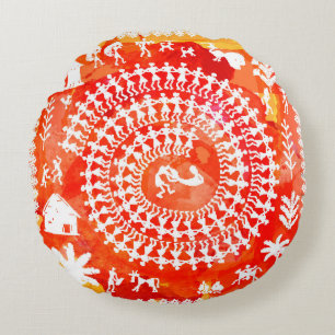 Coussins Ronds Peinture Warli - main dessinée traditionnelle l'An