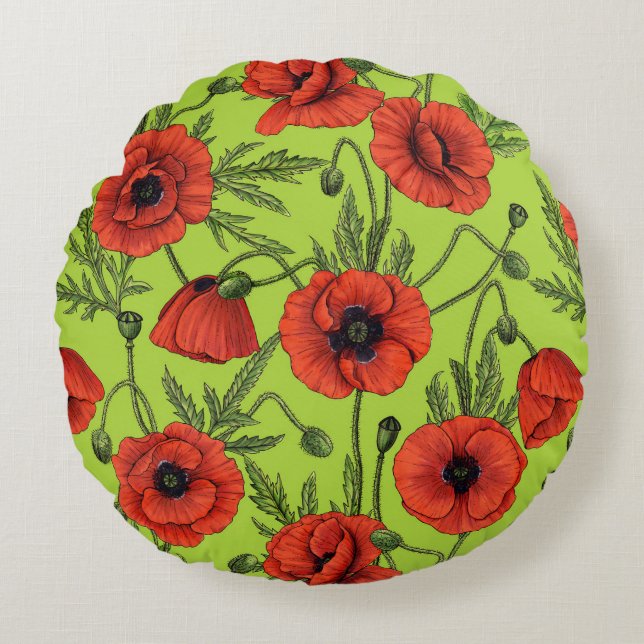Coussins Ronds Pépites, rouge et vert sur le vert citron (Devant)