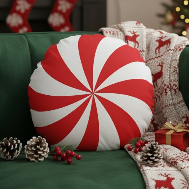 Coussins Ronds Peppermint Candy Swirl Red Christmas Holiday (Peppermint Candy Swirl Red Christmas Holiday Round Pillow
)