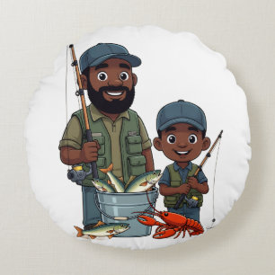 Coussins Ronds Père et fils afro-américains pêchant