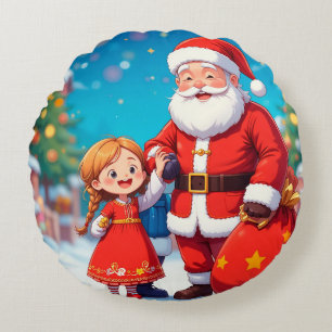 Coussins Ronds Père Noël et fille avec un sac de cadeaux