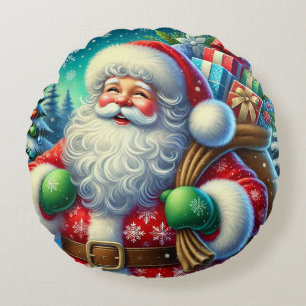 Coussins Ronds Père Noël festif tenant un sac de cadeaux