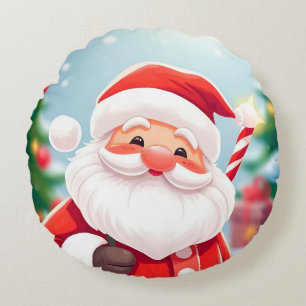 Coussins Ronds Père Noël joyeux tenant une canne à sucre