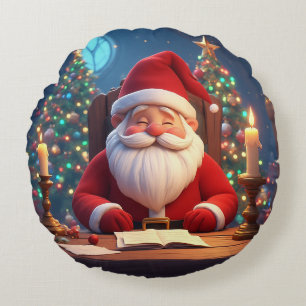 Coussins Ronds Père Noël lisant un livre à la lumière d'une bougi