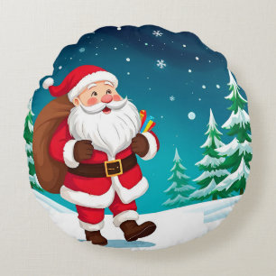 Coussins Ronds Père Noël marchant joyeusement dans un hiver ennei