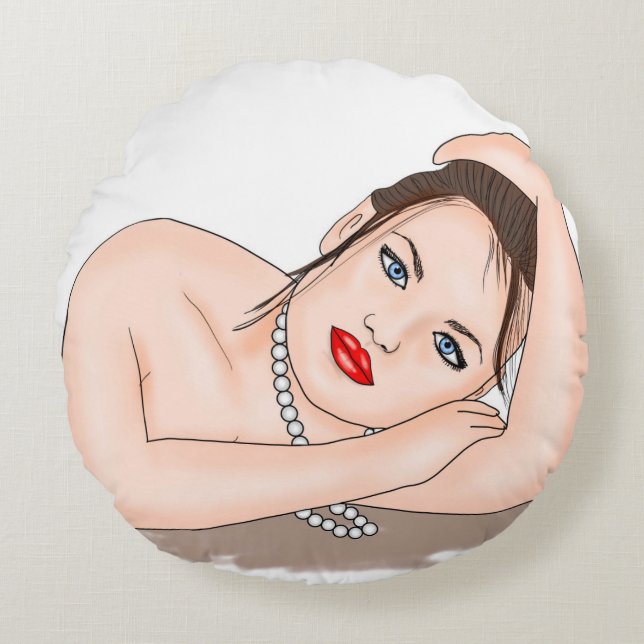 Coussins Ronds Perles | Belle Femme Bleue (Devant)