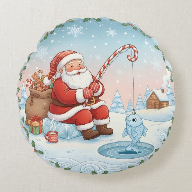 Coussins Ronds Personalized Christmas Santa Ice Fishing   (Devant)