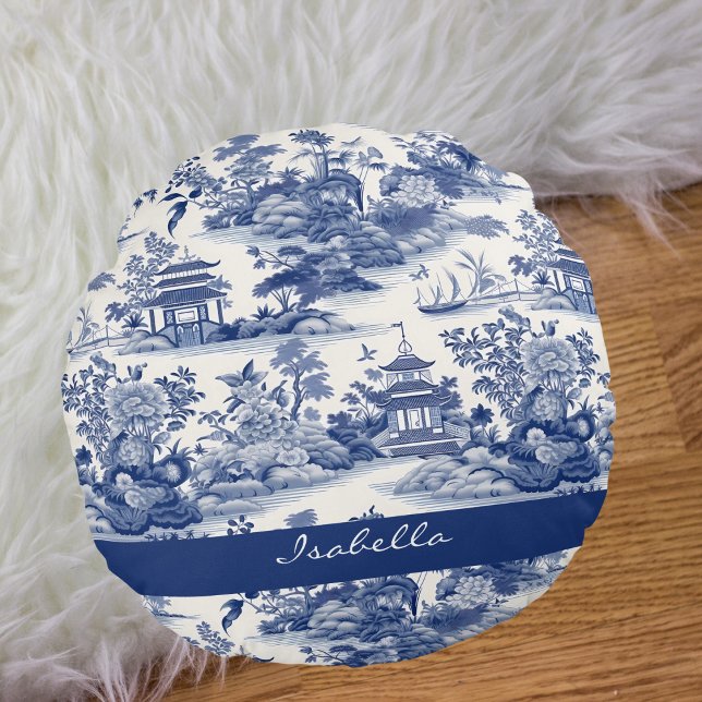 Coussins Ronds Personnalisé Chinoiserie Motif Pagode Bleu Blanc (Créateur téléchargé)