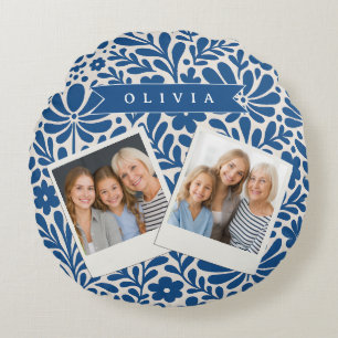 Coussins Ronds Personnalisé Floral Folklorique Bleu Nordique Sur 