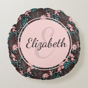 Coussins Ronds Personnalisé rose et Turquoise floral foncé