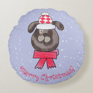 Coussins Ronds Petit chien de Noël portant un bonnet et une échar