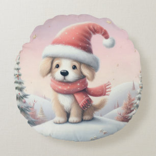 Coussins Ronds Petit chiot de Noël en chapeau santa