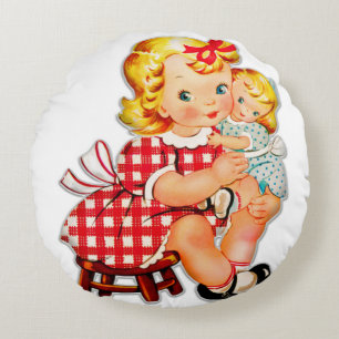 Coussins Ronds Petite fille retro vintage poupée