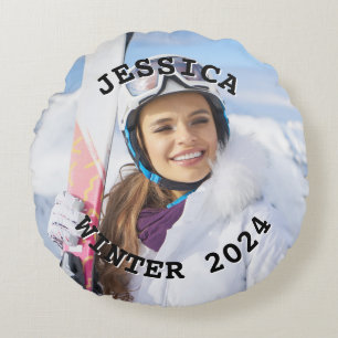 Coussins Ronds Photo de famille de texte courbe noir et blanc