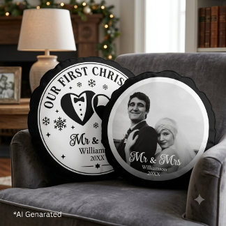 Coussins Ronds Photo personnalisé de Noël élégant en noir et blan