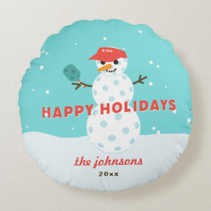 Coussins Ronds Pickleball Snowman Custom Holiday Amusant