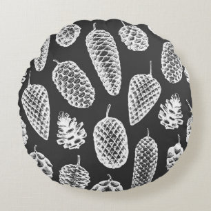 Coussins Ronds Pine cônes dessinés main sans couture motif. Bot