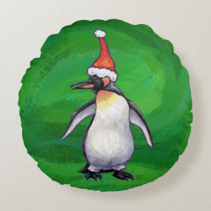 Coussins Ronds Pingouin mignon à Santa Hat sur Vert