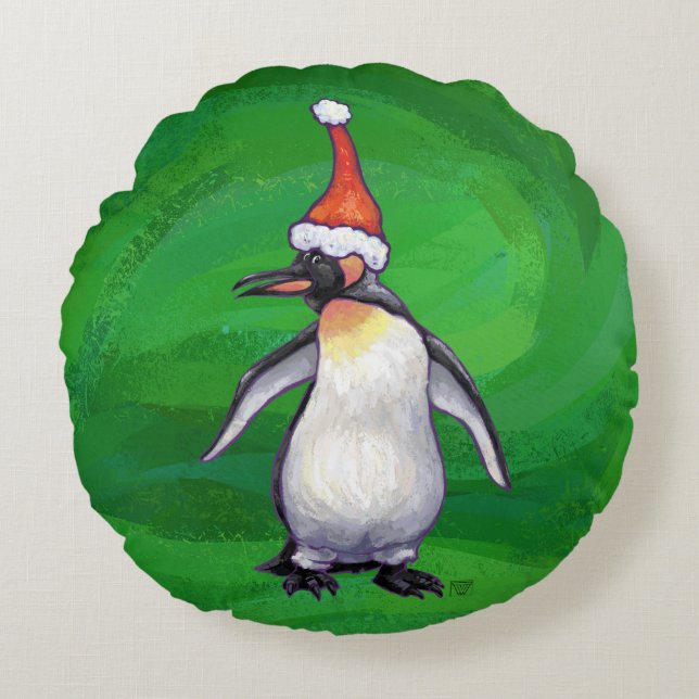 Coussins Ronds Pingouin mignon à Santa Hat sur Vert (Devant)
