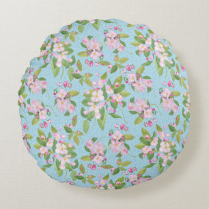 Coussins Ronds Pink Apple Blossom sur Sky Blue Leafy Arrière - pl