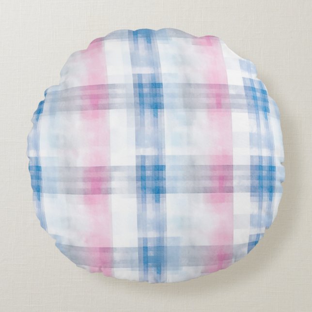 Coussins Ronds Pink Blue White Plaid Stripes (Devant)