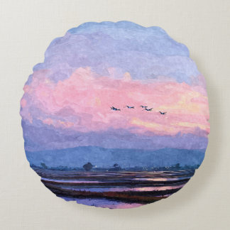 Coussins Ronds Pink Dusk Flight Watercolor Landscape Pillow