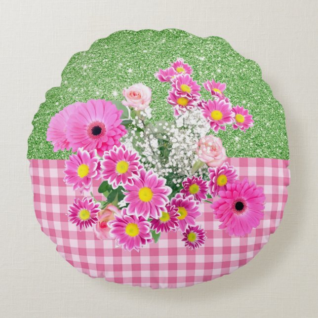 Coussins Ronds Pink Floral & En vichy Apple Green Faux Parties sc (Devant)