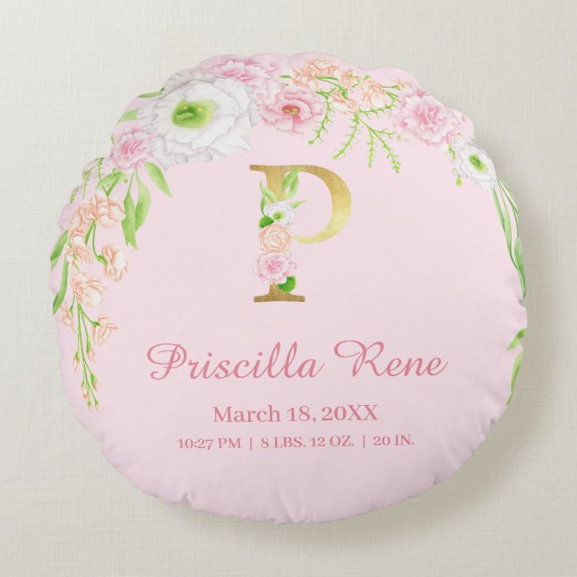 Coussins Ronds Pink Floral Gold Monogram "P" Baby Girl Stats (Devant)
