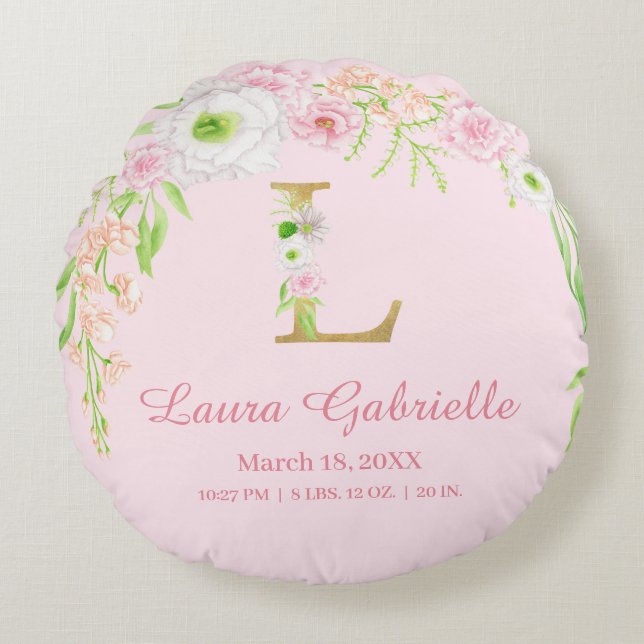 Coussins Ronds  Pink Floral Monogram Baby Girl Stats (Devant)