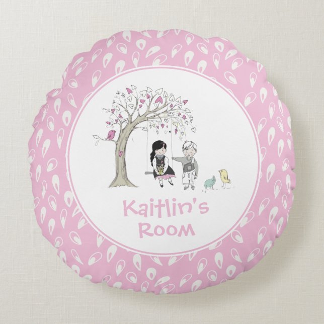 Coussins Ronds Pink Girly Kids Bird Tree Swing Personnalisé (Devant)