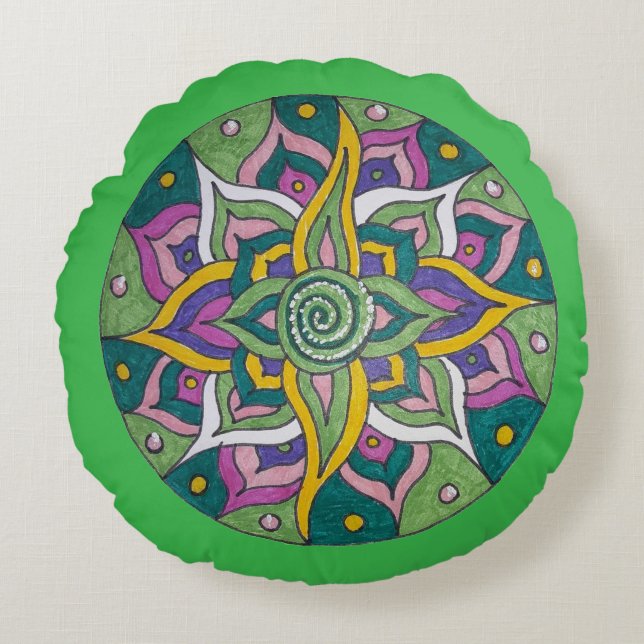 Coussins Ronds Pink/Green Lotus Mandala Round Throw Pillow (Devant)