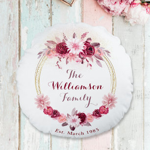 Coussins Ronds Pink Magenta Floral Cottage Wreath Family Monogram