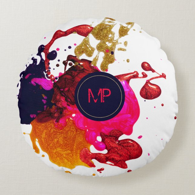 Coussins Ronds Pink Purple Gold Splatter Monogramme Jeter Oreille (Devant)