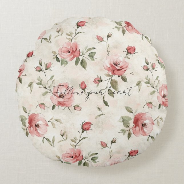 Coussins Ronds Pink Roses Floral  (Devant)