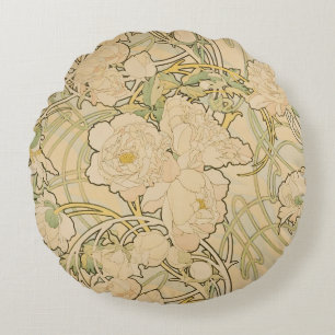 Coussins Ronds Pivoines par Alphonse Mucha, Art Nouveau vintage
