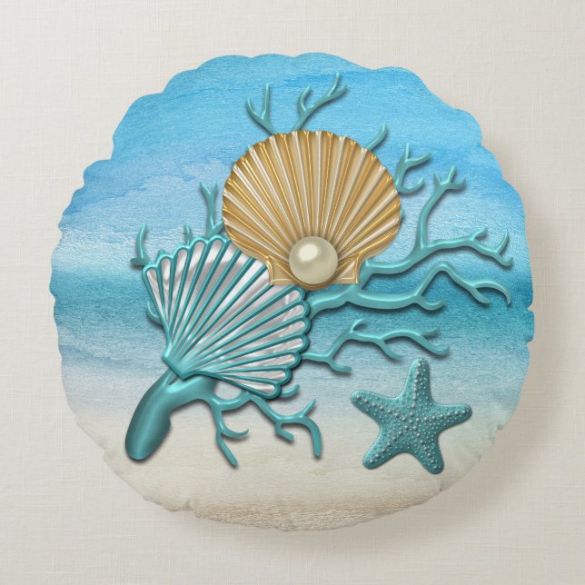 Coussins Ronds Plage Aqua & Gold Seashells (Devant)